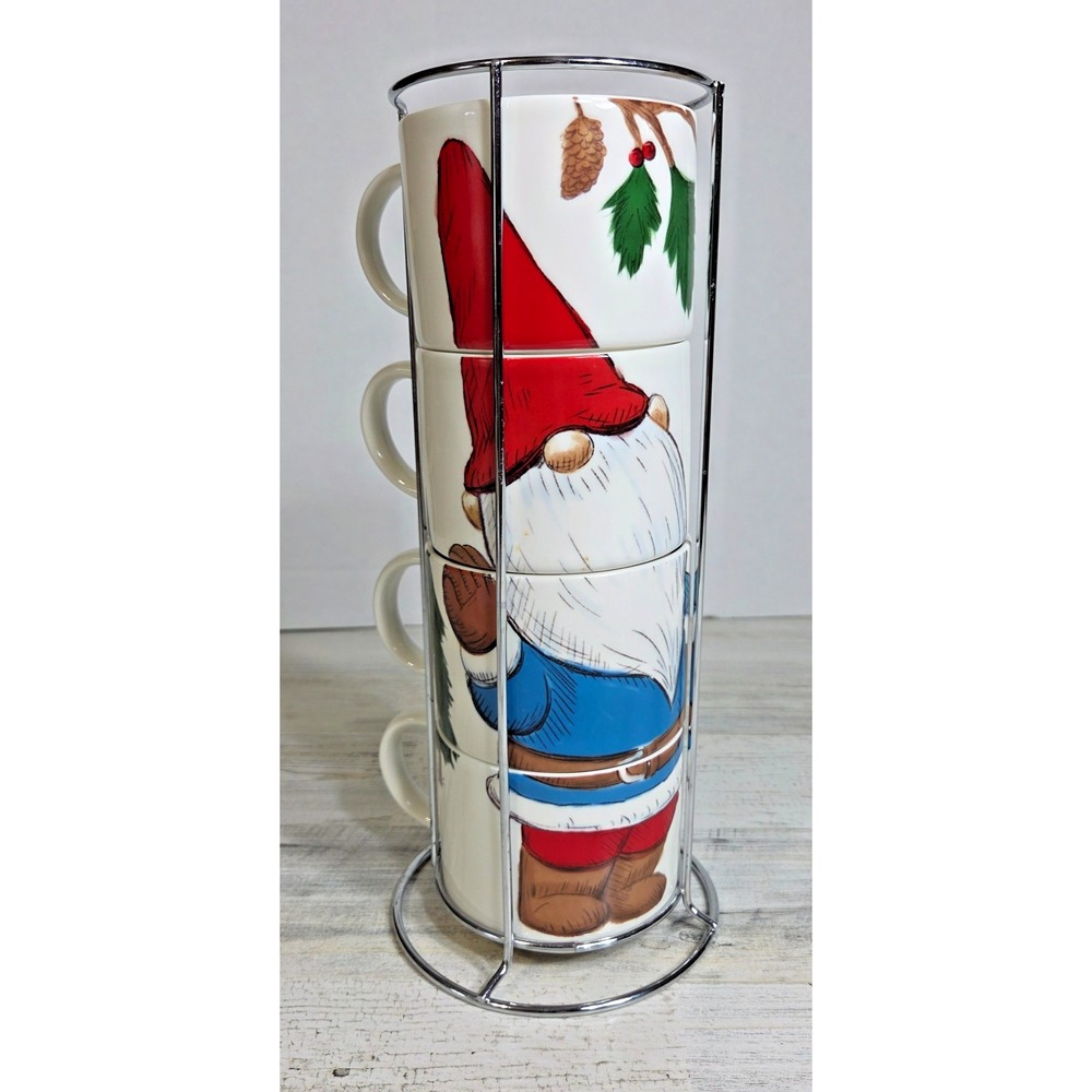 Prima Design Christmas Gnome Stacking Mugs Setof4 Metal Rack Holder Holiday 14oz